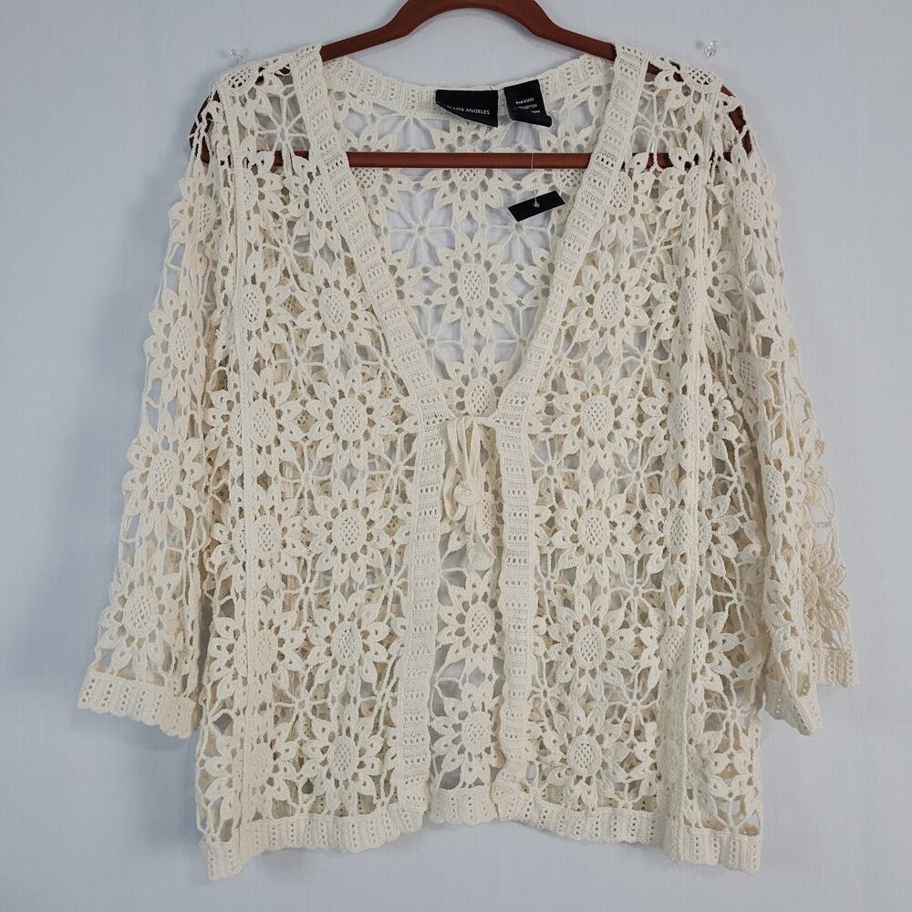 Floral Open Knit Crochet Knit Tie Front Top size M Cream Boho Cottage Hippie New